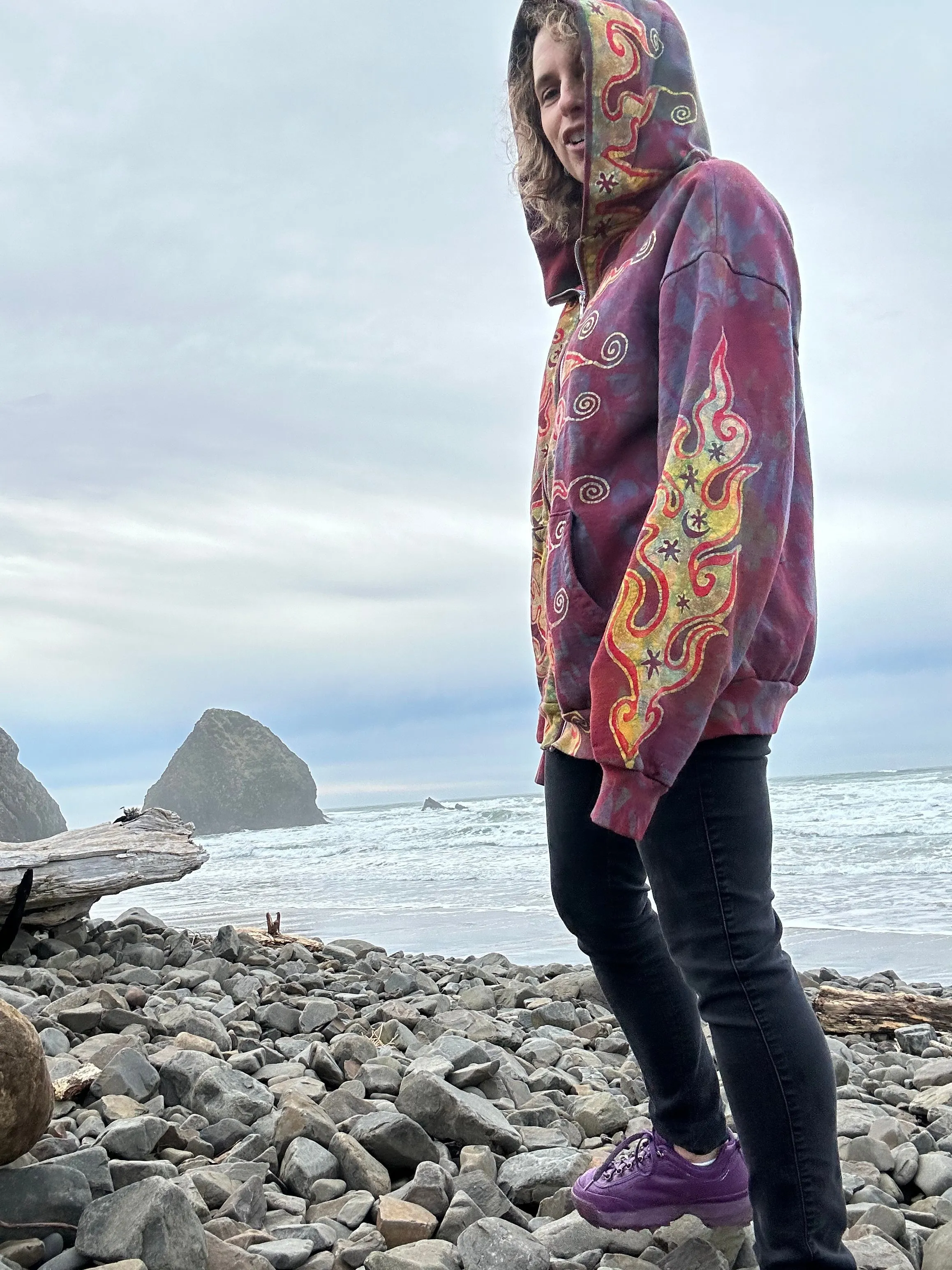 Driftwood Bonfire Handcrafted Batik Zipper Hoodie - Size Small