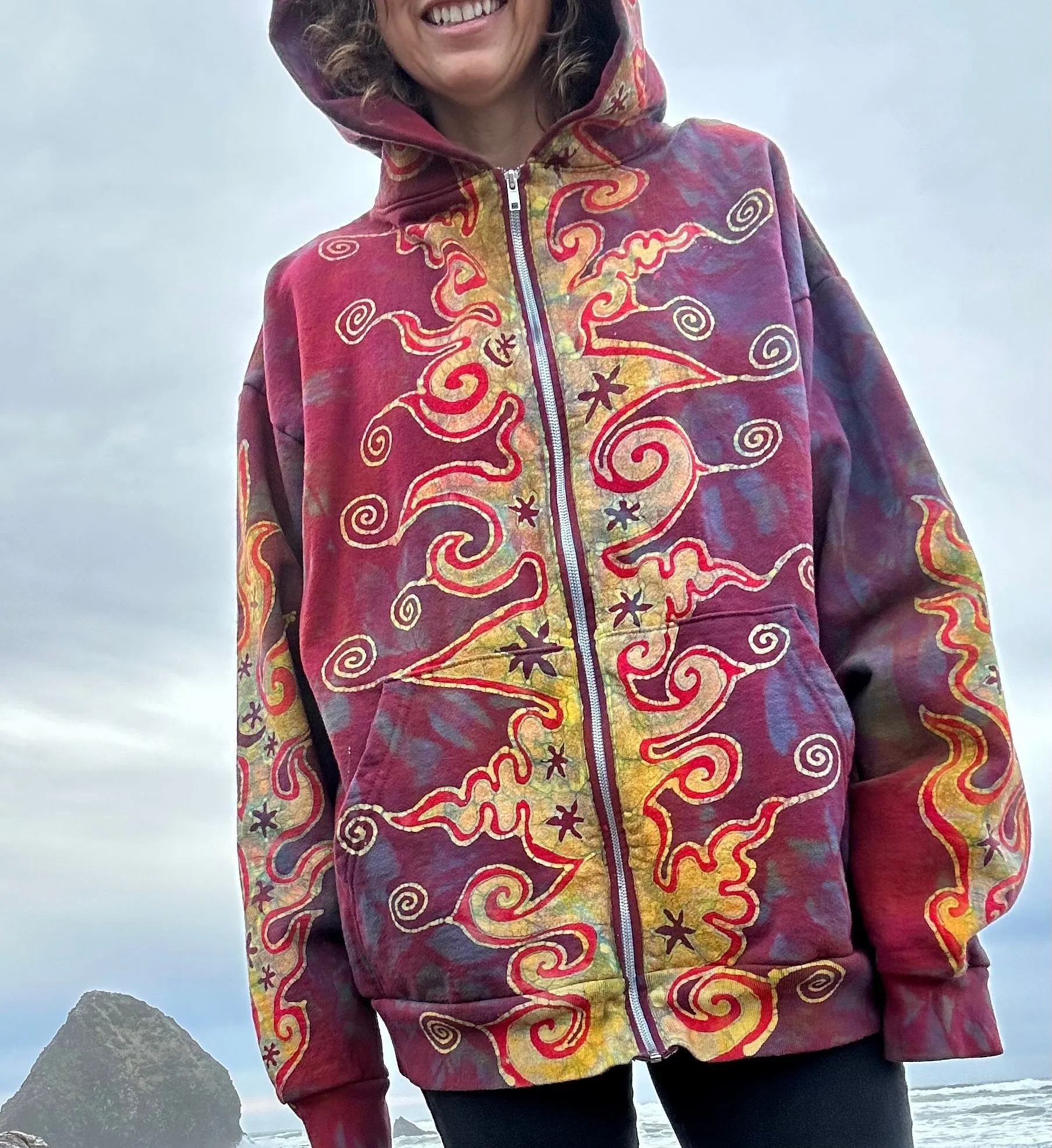 Driftwood Bonfire Handcrafted Batik Zipper Hoodie - Size Small