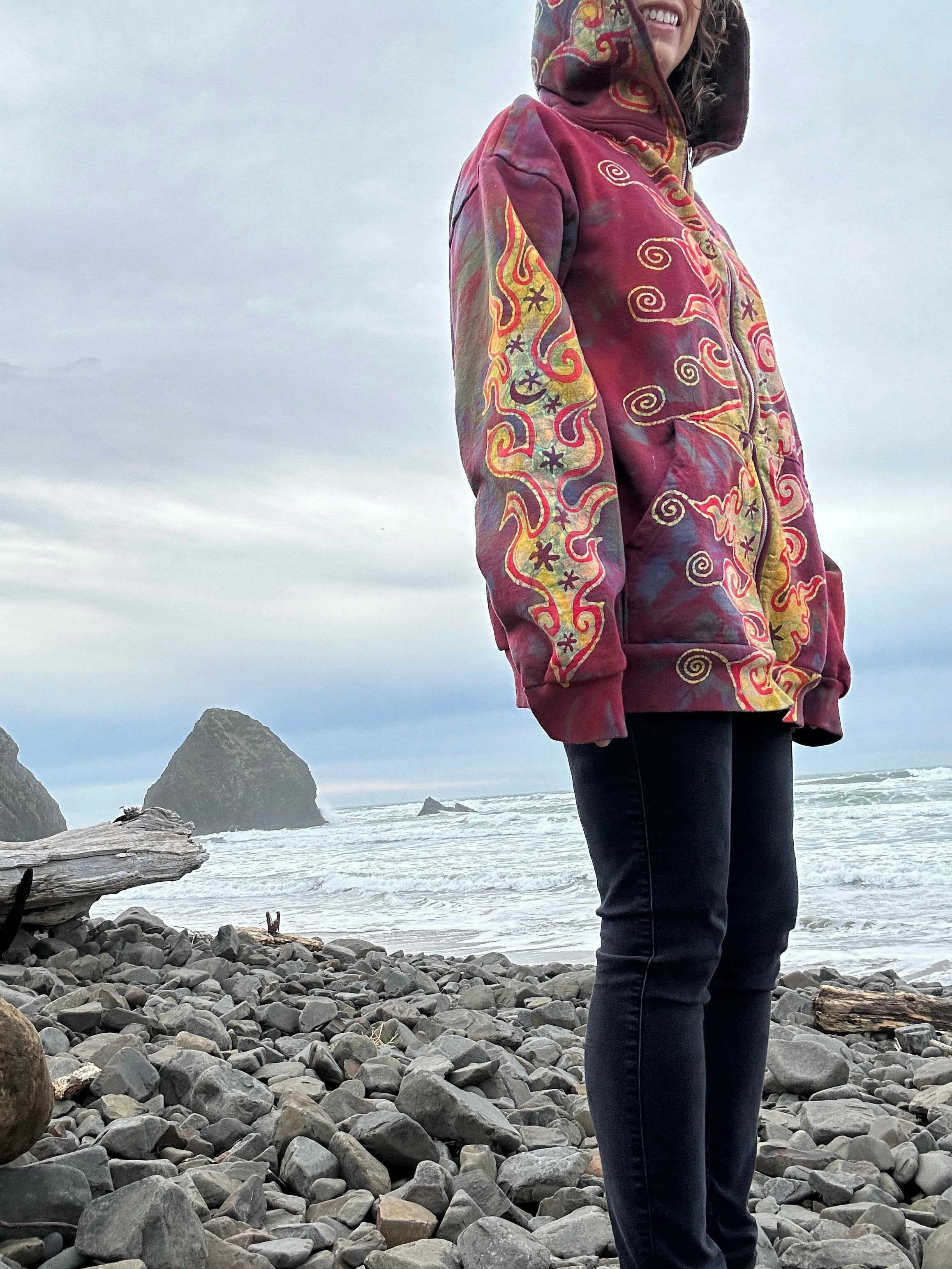 Driftwood Bonfire Handcrafted Batik Zipper Hoodie - Size Small