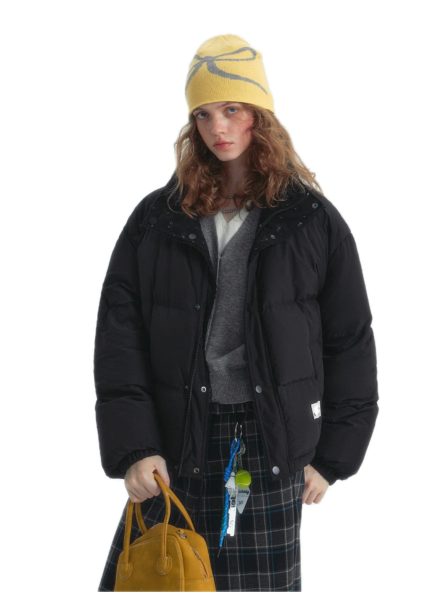 Lace Patchwork Double-sided Down Jacket In Black