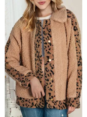 NicholesGifts Women Leopard Snap Down Collared Neck Jacket