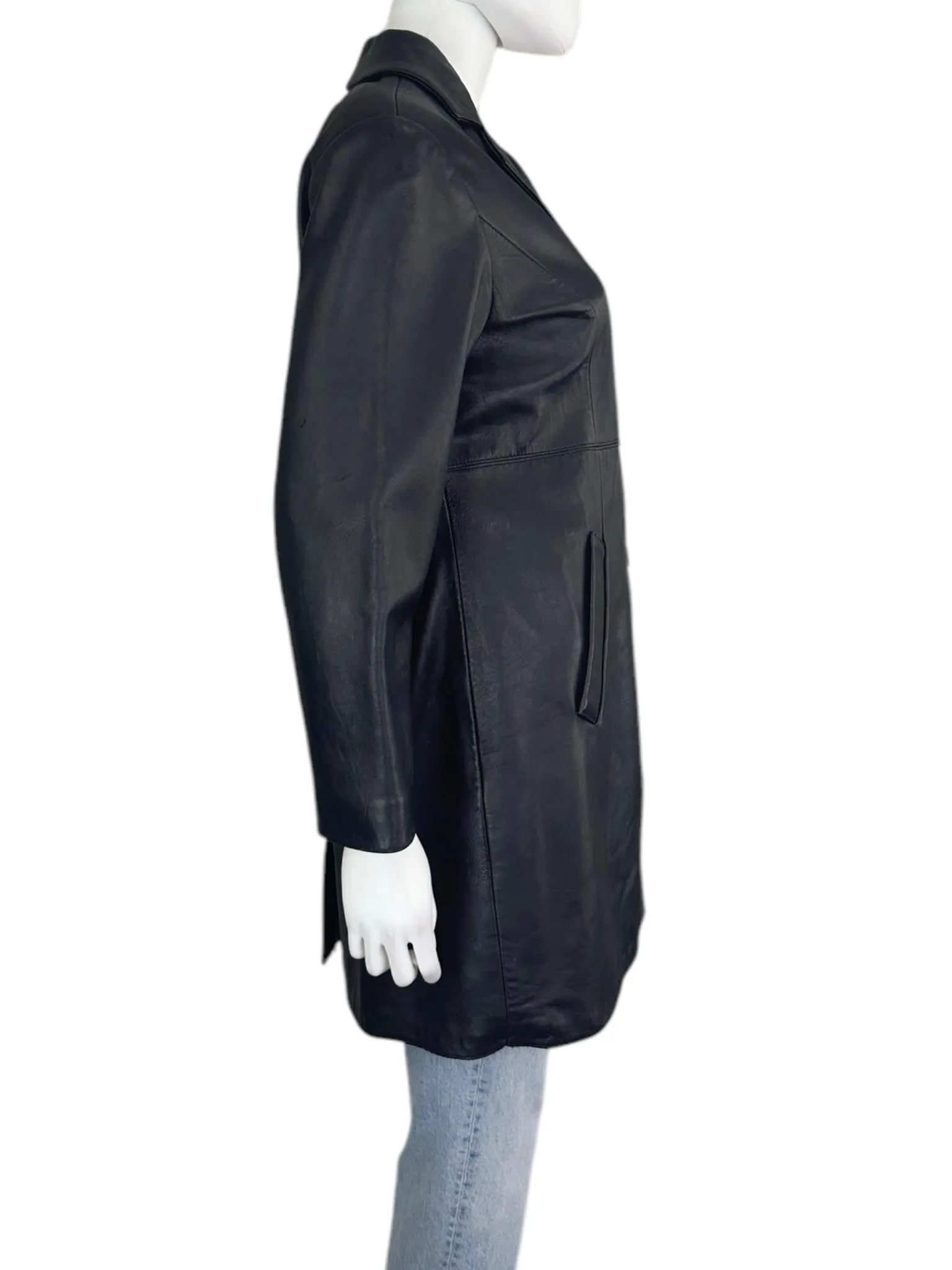 Preston & York Black Long Leather Button Down Coat Size PS