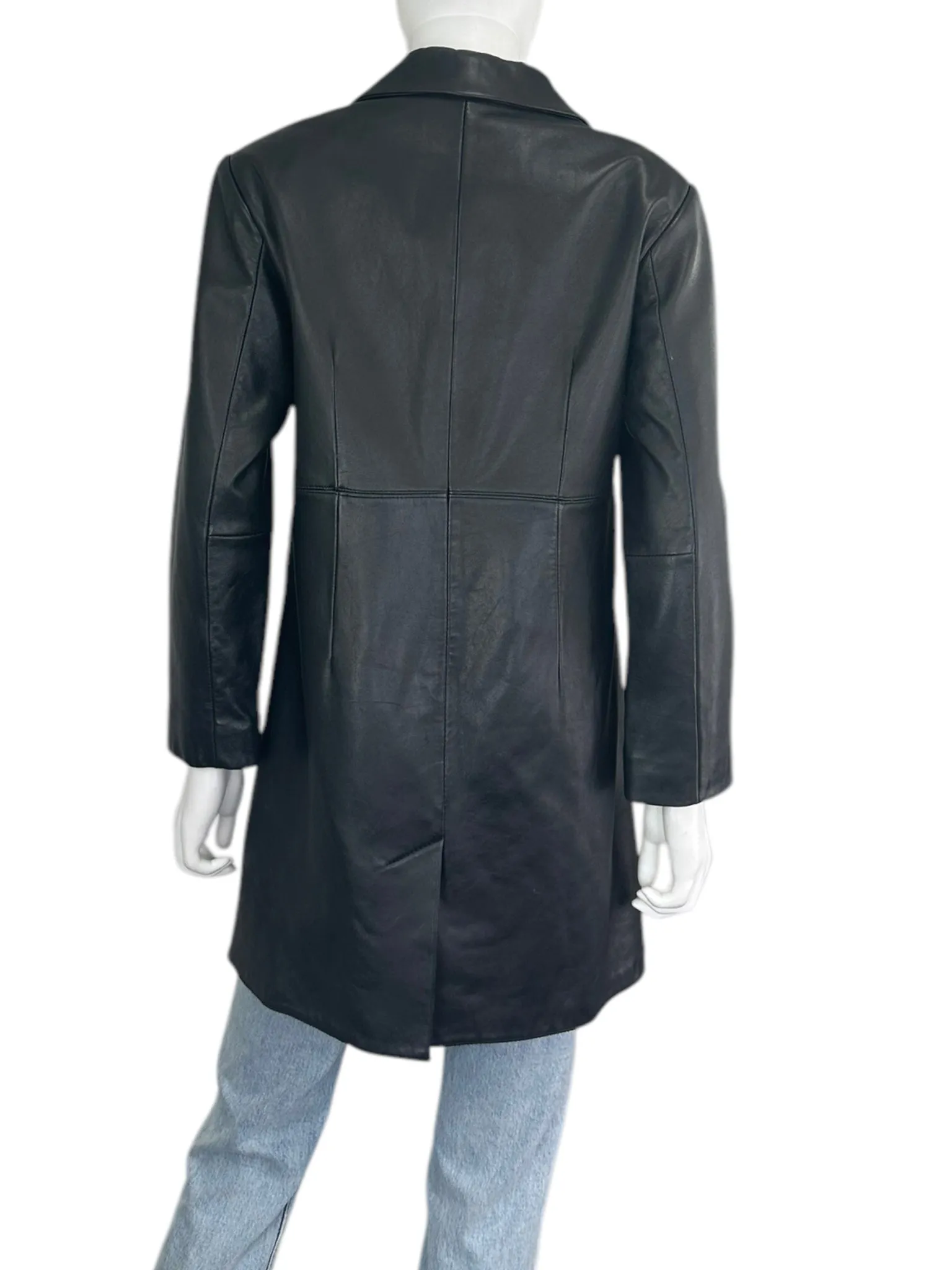 Preston & York Black Long Leather Button Down Coat Size PS