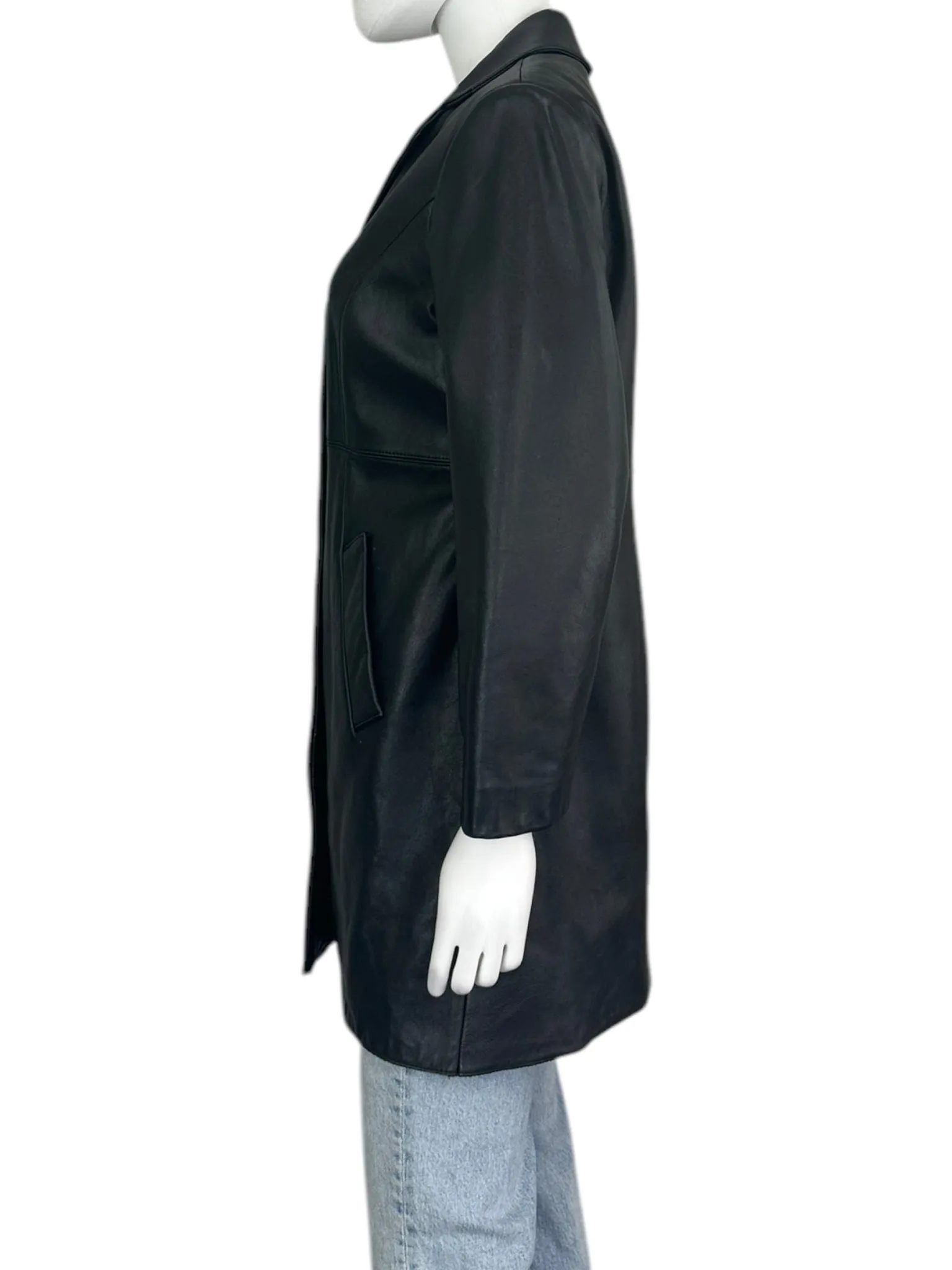 Preston & York Black Long Leather Button Down Coat Size PS
