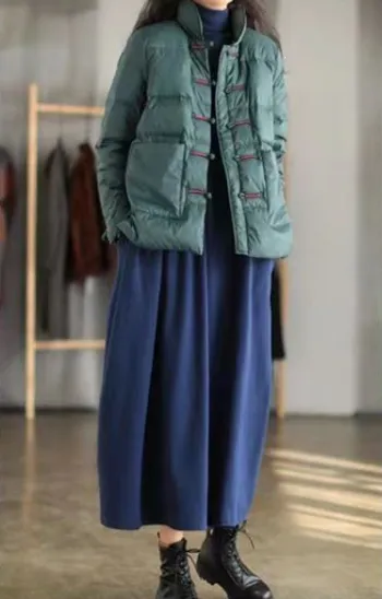 Stand Collar Retro Chinese Style Women's Down Coat with Strap Buttons