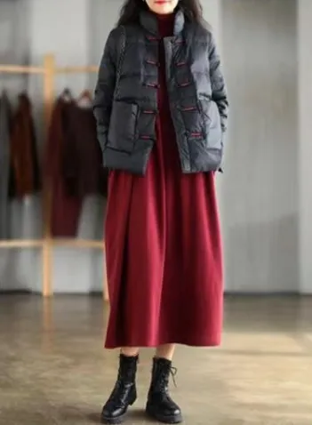 Stand Collar Retro Chinese Style Women's Down Coat with Strap Buttons