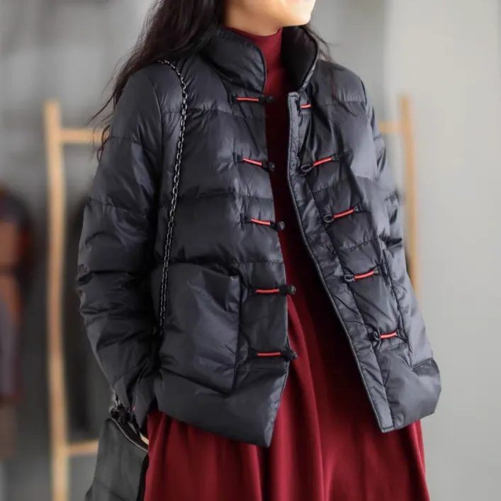 Stand Collar Retro Chinese Style Women's Down Coat with Strap Buttons
